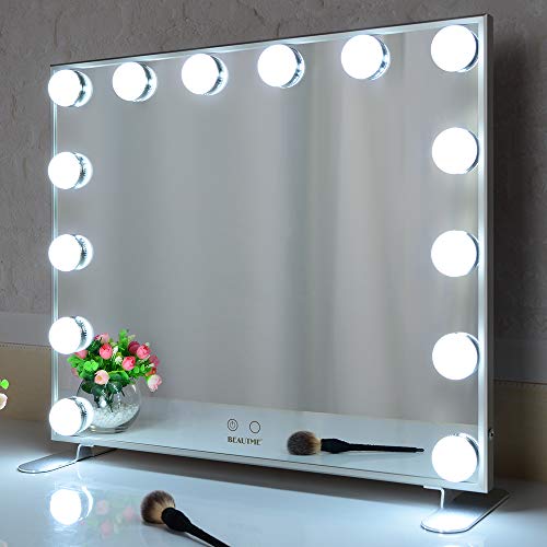 BEAUTME Espejo De Maquillaje Hollywood, Profesional Espejo de Tocador con Luz LED Táctil Inteligente Espejo Cosmético con 14 Piezas Bombillas Brillo de 2 Modos De Color(Plata)