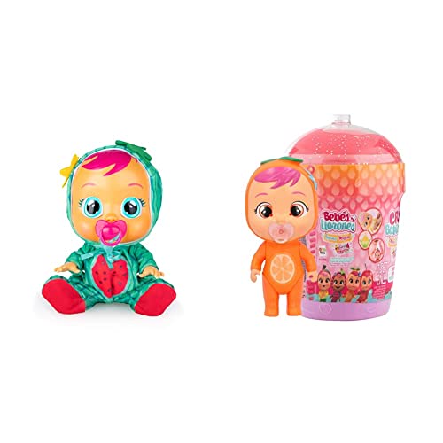 BEBÉS LLORONES Tutti Frutti Mel | Muñeca interactiva Que llora de Verdad con Chupete y Pijama con Olor a Sandía + BEBÉS LLORONES LÁGRIMAS MÁGICAS Casita Tutti Frutti