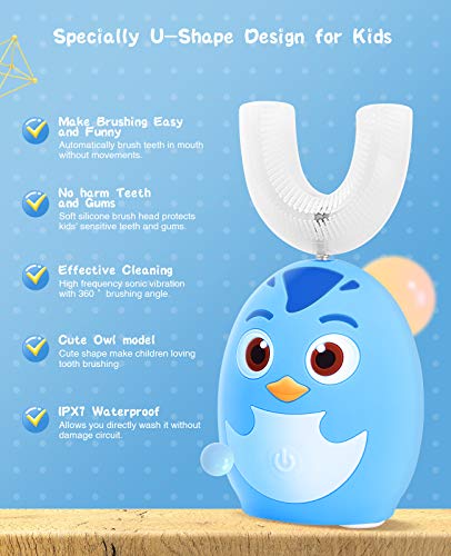 Beedove Cepillo de Dientes Eléctrico para Niños, 3 Modos Sonic Cepillo en Forma de U Niños, con Carga USB y Función IPX7 Prueba Agua, para Niños Pequeños de 2 a 6 Niño (Azul)