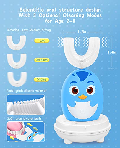 Beedove Cepillo de Dientes Eléctrico para Niños, 3 Modos Sonic Cepillo en Forma de U Niños, con Carga USB y Función IPX7 Prueba Agua, para Niños Pequeños de 2 a 6 Niño (Azul)