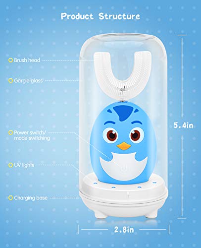 Beedove Cepillo de Dientes Eléctrico para Niños, 3 Modos Sonic Cepillo en Forma de U Niños, con Carga USB y Función IPX7 Prueba Agua, para Niños Pequeños de 2 a 6 Niño (Azul)