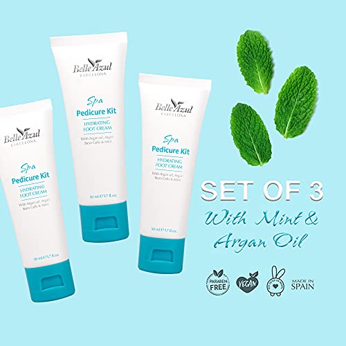 Belle Azul Foot Cream - Crema Hidratante para Pies con Aceite de Argán Bio-Ecológico, Ácido Hialurónico y Menta - Textura Ligera y no Grasa - Profunda Hidratación y Protección - Kit 3 en 1-3x50ml