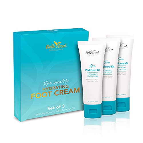 Belle Azul Foot Cream - Crema Hidratante para Pies con Aceite de Argán Bio-Ecológico, Ácido Hialurónico y Menta - Textura Ligera y no Grasa - Profunda Hidratación y Protección - Kit 3 en 1-3x50ml
