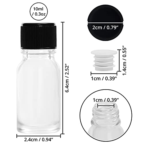 Belle Vous Mini Botellas Cristal Transparente (Pack de 24) 10 ml - Frascos de Vidrio Vacíos Viales para Muestras con Tapa Negra de Rosca – Aceites Esenciales, Manualidades y Regalitos de Bodas