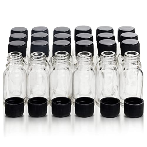 Belle Vous Mini Botellas Cristal Transparente (Pack de 24) 10 ml - Frascos de Vidrio Vacíos Viales para Muestras con Tapa Negra de Rosca – Aceites Esenciales, Manualidades y Regalitos de Bodas
