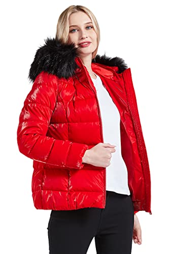 BELLIVERA Chaqueta Acolchada para Mujer Abrigo Cálido de Invierno con Capucha y Abrigo con Cuello de piel Desmontable 7695 Rojo S