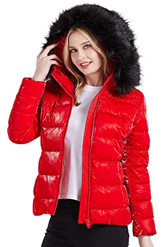 BELLIVERA Chaqueta Acolchada para Mujer Abrigo Cálido de Invierno con Capucha y Abrigo con Cuello de piel Desmontable 7695 Rojo S