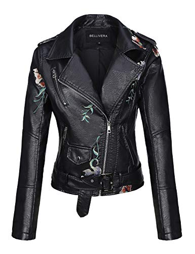 BELLIVERA Chaqueta de Cuero PU para Mujer(3 colores), Chaqueta con Bolsillos con Cremallera, Chaqueta corta Para el Otoño, Primavera, Negro, XXL