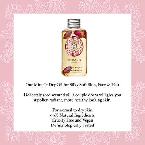 Benamôr - Aceite Seco Milagroso de Rosa Amelia - 99% Ingredientes Naturales - Con Aceite de Argán, Girasol y Almendras Dulces - Cara, Cuerpo, Cabello - Con Rosas Reales - Botella 100ml
