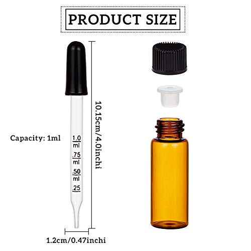 BENECREAT 40 Pack 5ml Botellas Vacías de Aceite Esencial de Vidrio Ámbar con Tapa de Rosca Frascos de Vidrio de Muestra con Pipetas, Etiqueta para Maquillaje Cosmético de Aromaterapia