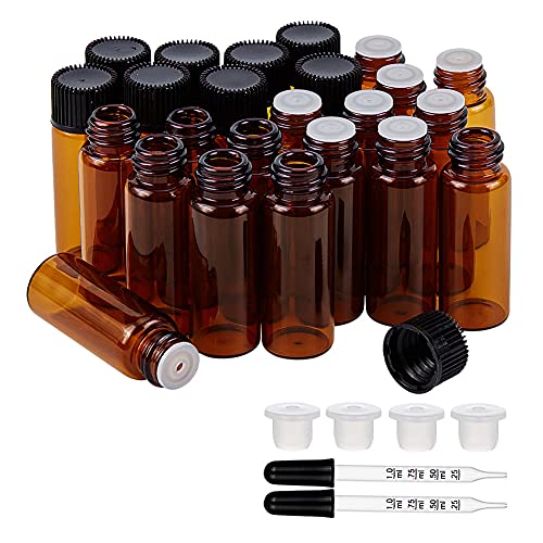 BENECREAT 40 Pack 5ml Botellas Vacías de Aceite Esencial de Vidrio Ámbar con Tapa de Rosca Frascos de Vidrio de Muestra con Pipetas, Etiqueta para Maquillaje Cosmético de Aromaterapia