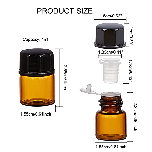 BENECREAT 50 Pack 1ml Botellas Vacías de Aceite Esencial de Vidrio Ámbar con Tapón de Rosca Mini Frascos de Vidrio de Muestra con Pipetas, Embudos y Paño de Limpieza para Aromaterapia