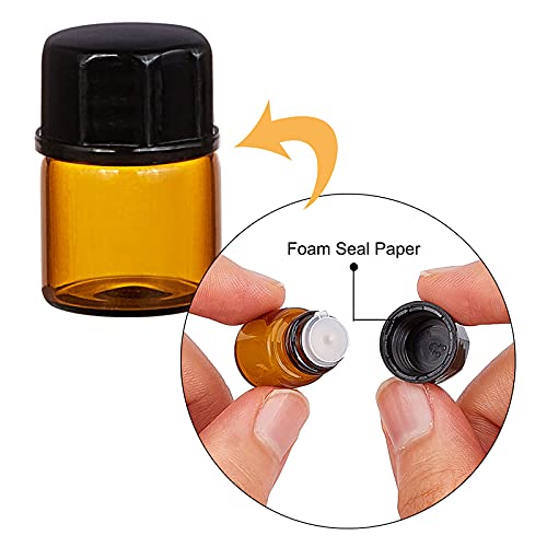 BENECREAT 50 Pack 1ml Botellas Vacías de Aceite Esencial de Vidrio Ámbar con Tapón de Rosca Mini Frascos de Vidrio de Muestra con Pipetas, Embudos y Paño de Limpieza para Aromaterapia
