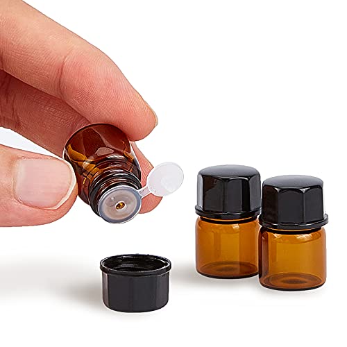 BENECREAT 50 Pack 1ml Botellas Vacías de Aceite Esencial de Vidrio Ámbar con Tapón de Rosca Mini Frascos de Vidrio de Muestra con Pipetas, Embudos y Paño de Limpieza para Aromaterapia