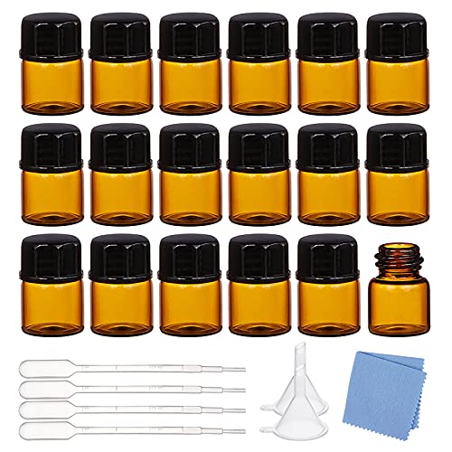 BENECREAT 50 Pack 1ml Botellas Vacías de Aceite Esencial de Vidrio Ámbar con Tapón de Rosca Mini Frascos de Vidrio de Muestra con Pipetas, Embudos y Paño de Limpieza para Aromaterapia