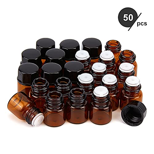 BENECREAT 50 Pack 1ml Botellas Vacías de Aceite Esencial de Vidrio Ámbar con Tapón de Rosca Mini Frascos de Vidrio de Muestra con Pipetas, Embudos y Paño de Limpieza para Aromaterapia