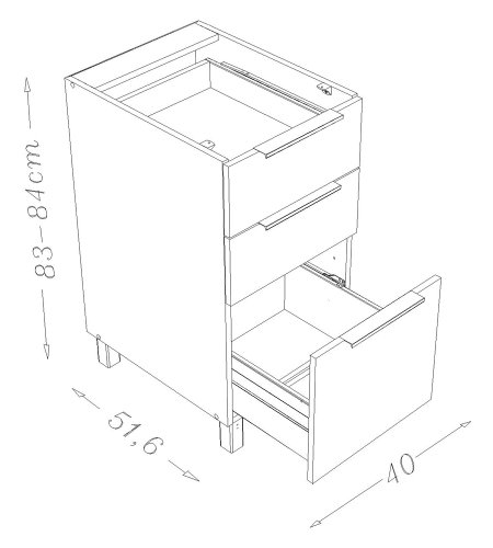 Berlenus Meuble Bas de Cuisine 3 tiroirs 40 cm, Autre, Multicolor, 40 x 52 x 83 cm