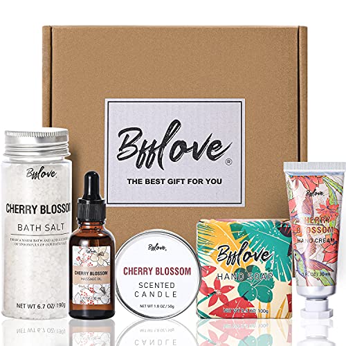 BFFLOVE Regalos para Mujer, Set de Baño y Ducha a Cerezo, Caja de Regalo de Cumpleaños, Set de Spa Incluye Sales de Baño, Vela Perfumada, Aceite de Masaje, Crema de Manos, Jabón