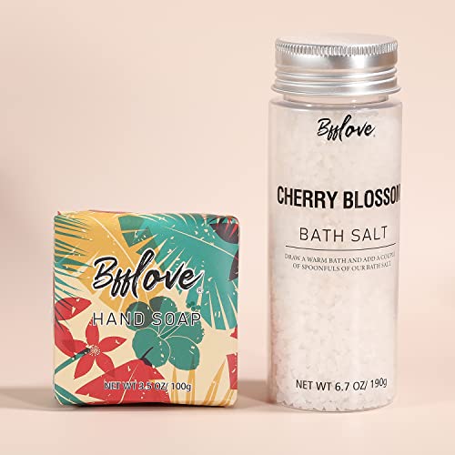 BFFLOVE Regalos para Mujer, Set de Baño y Ducha a Cerezo, Caja de Regalo de Cumpleaños, Set de Spa Incluye Sales de Baño, Vela Perfumada, Aceite de Masaje, Crema de Manos, Jabón