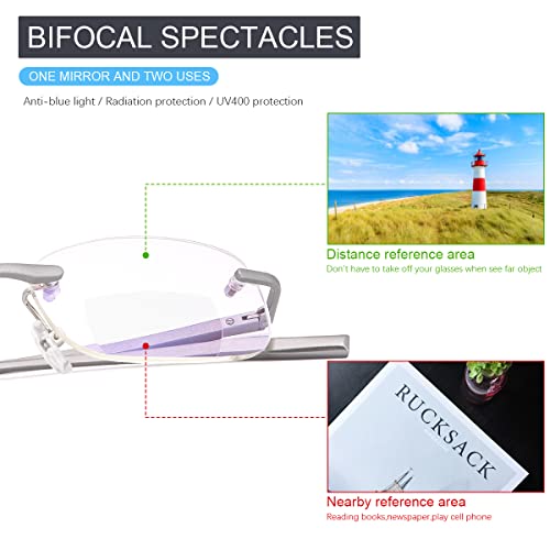 Bifocales Gafas de Lectura Sin Montura para Hombres y Mujeres Unisex Lejos Cerca de Aumento Gafas Presbiópicas Bloqueo de luz azul Presbicia Clara Comodas Lectores sin marco con bisagra de resorte