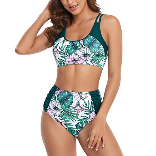 Bikini Top Retro Impresión Mujer Traje de Baño de Dos Piezas Cuello de V Halter Ajustable Bikini Set Cintura Alta Control Abdominal Parte Inferior del Bikini brasileños Tanga bañadores Dividido 2022