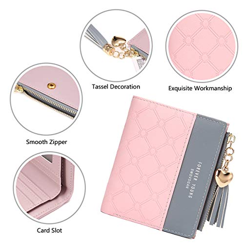 Billetera Corta de Las Niñas Titular de la Tarjeta Monedero para Mujeres, JOSEKO Lindo Multi-Ranuras Bolse Cuero PU Delgado para Mujeres y Damas con borlas en Forma de corazón Colgante de Regalo