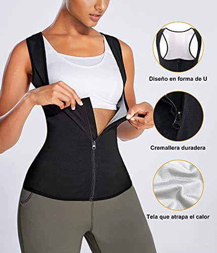 Bingrong Chaleco Sauna Deportivo Mujer Faja Reductoras Adelgazantes Abdominal Compresion Camiseta Reductora de Entrenamiento Sudoración para Deporte Fitness (Negro, XL)