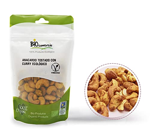 BIOCOMERCIO | Anacardo tostado con curry ecológico | Anacardos fritos y tostados | 1 kilo | 10 bolsas x 100 gr | Anacardos enteros | Frutos secos | Curry Ecológico | BIO