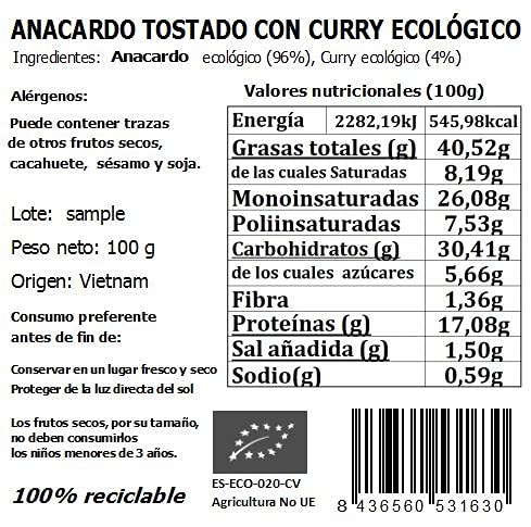 BIOCOMERCIO | Anacardo tostado con curry ecológico | Anacardos fritos y tostados | 1 kilo | 10 bolsas x 100 gr | Anacardos enteros | Frutos secos | Curry Ecológico | BIO