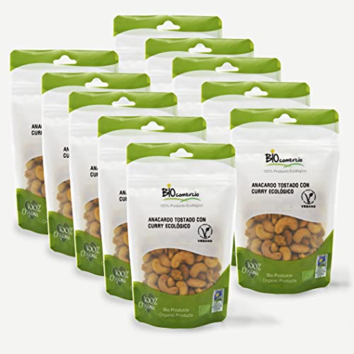 BIOCOMERCIO | Anacardo tostado con curry ecológico | Anacardos fritos y tostados | 1 kilo | 10 bolsas x 100 gr | Anacardos enteros | Frutos secos | Curry Ecológico | BIO