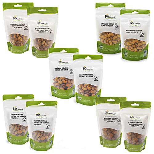 BIOCOMERCIO | Pack mix de 5 | Anacardos, almendras y cacahuetes | 1 kilo | 10 bolsas x 100 gr | Sabores curry rojo, tamari, barbacoa, curry, tikka masala | Frutos secos | Curry Ecológico