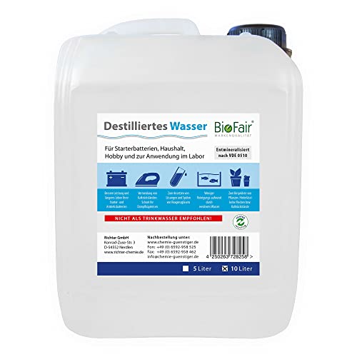 BioFair® Agua desmineralizada (10 litros) de acuerdo con VDE 0510 - 1 x 10 l Agua Destilada - envío gratis