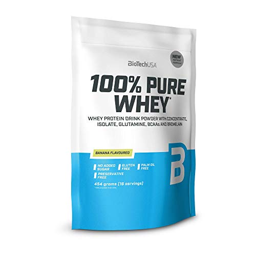 BioTechUSA 100% Pure Whey Complejo de proteína de suero, con aminoácidos añadidos y edulcorantes, sin conservantes, 454 g, Plátano