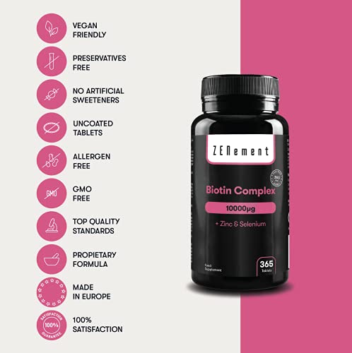 Biotina Complex, con Selenio y Zinc, 365 Comprimidos | Piel, Cabello y Uñas | Vegano, sin conservantes, sin alérgenos, No-GMO | de Zenement