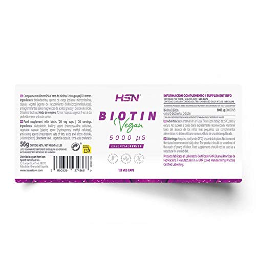Biotina de HSN | 120 Cápsulas Vegetales con 5000 mcg de D-Biotina | Vitamina para el Cabello, Uñas y Piel | Crecimiento + Fortalecimiento + Evitar la Caída | No-GMO, Vegano, Sin Gluten