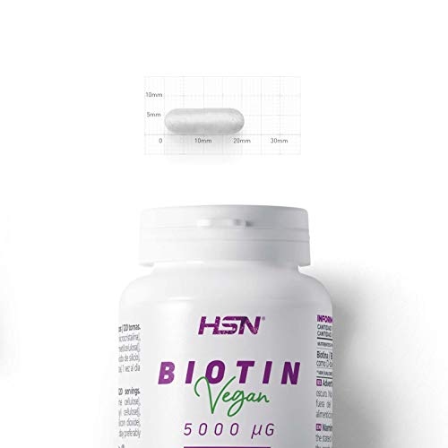 Biotina de HSN | 120 Cápsulas Vegetales con 5000 mcg de D-Biotina | Vitamina para el Cabello, Uñas y Piel | Crecimiento + Fortalecimiento + Evitar la Caída | No-GMO, Vegano, Sin Gluten
