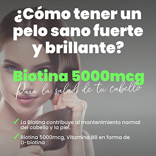Biotina de HSN | 120 Cápsulas Vegetales con 5000 mcg de D-Biotina | Vitamina para el Cabello, Uñas y Piel | Crecimiento + Fortalecimiento + Evitar la Caída | No-GMO, Vegano, Sin Gluten