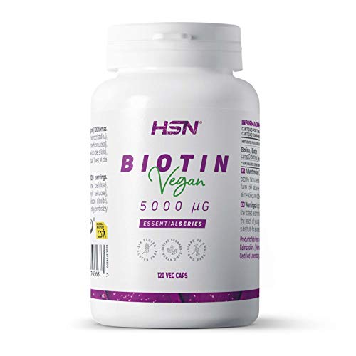 Biotina de HSN | 120 Cápsulas Vegetales con 5000 mcg de D-Biotina | Vitamina para el Cabello, Uñas y Piel | Crecimiento + Fortalecimiento + Evitar la Caída | No-GMO, Vegano, Sin Gluten