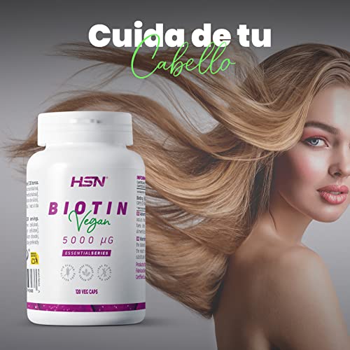 Biotina de HSN | 120 Cápsulas Vegetales con 5000 mcg de D-Biotina | Vitamina para el Cabello, Uñas y Piel | Crecimiento + Fortalecimiento + Evitar la Caída | No-GMO, Vegano, Sin Gluten