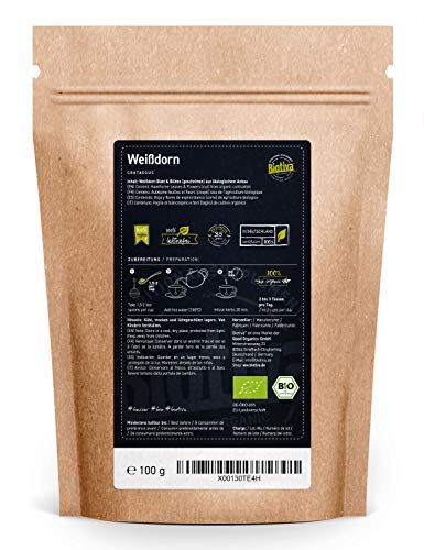 Biotiva Flores y hojas de espino blanco orgánico 100 g - cortado - Crataegus monogyma - espino albar - majuelo - sin agentes de relleno - llenado y verificado en Alemania (DE-ÖKO-005)