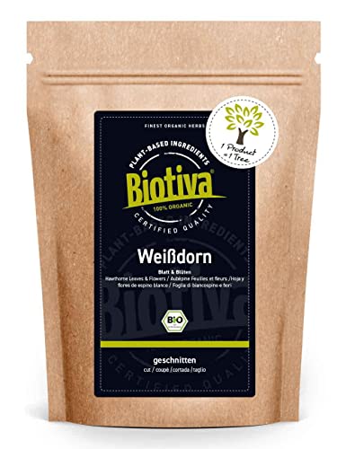 Biotiva Flores y hojas de espino blanco orgánico 100 g - cortado - Crataegus monogyma - espino albar - majuelo - sin agentes de relleno - llenado y verificado en Alemania (DE-ÖKO-005)