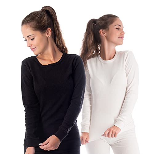 Black Snake® Set 2 Camisetas térmicas para Mujer con Forro Polar Interior | 2 Camisas Interiores térmicas de Manga Larga | Ropa Interior Funcional - Crema/Negro - S