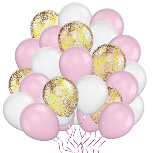 Blancos Rosados Globos, 30Pcs Globos de Cumpleaños Blanco Rosado, Globos Helio Blanco Rosado, Globos De Confeti Dorados Para Decoracion Cumpleaños Niña, Bodas, Baby Shower, Decoraciones Para Fiestas
