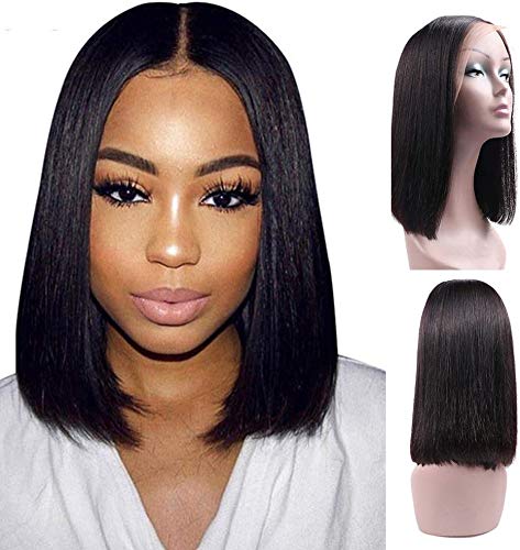 BLISSHAIRHuman Hair Wigs 16" Short Bob Wig Glueless Lace Front Wigs Straight 130% Density Brazilian Remy Hair Extensions Natural Black