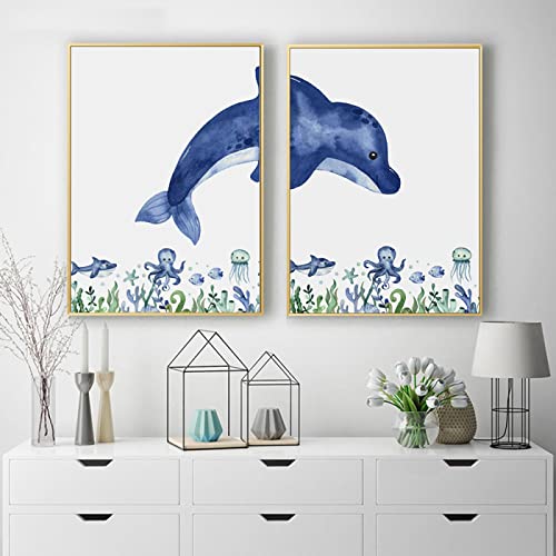 BLLXMX Carteles e Impresiones de Lienzo de Animales Marinos de Acuarela Azul Pintura de Pulpo de Ballena nórdica Cuadro de Arte de Pared decoración del hogar 50x70cmx2 sin Marco
