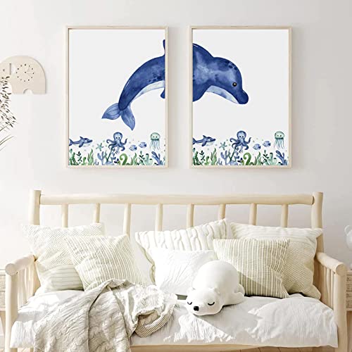 BLLXMX Carteles e Impresiones de Lienzo de Animales Marinos de Acuarela Azul Pintura de Pulpo de Ballena nórdica Cuadro de Arte de Pared decoración del hogar 50x70cmx2 sin Marco