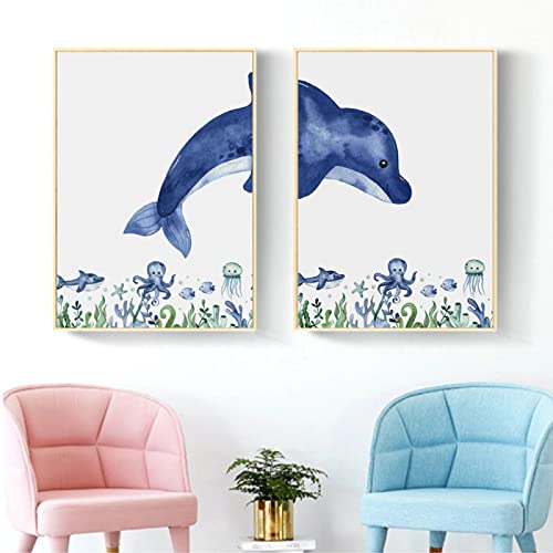 BLLXMX Carteles e Impresiones de Lienzo de Animales Marinos de Acuarela Azul Pintura de Pulpo de Ballena nórdica Cuadro de Arte de Pared decoración del hogar 50x70cmx2 sin Marco