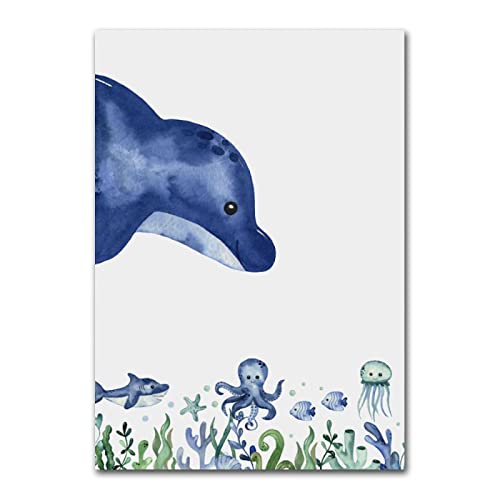 BLLXMX Carteles e Impresiones de Lienzo de Animales Marinos de Acuarela Azul Pintura de Pulpo de Ballena nórdica Cuadro de Arte de Pared decoración del hogar 50x70cmx2 sin Marco