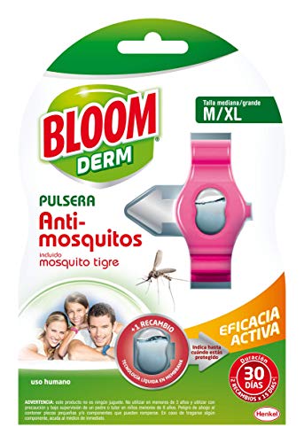 Bloom Derm Pulsera repelente de insectos, protección contra mosquitos, incluido mosquito tigre, pulsera para adultos, talla M/XL, pack de 6 unidades y 12 recambios