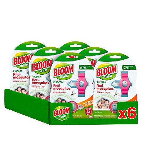 Bloom Derm Pulsera repelente de insectos, protección contra mosquitos, incluido mosquito tigre, pulsera para adultos, talla M/XL, pack de 6 unidades y 12 recambios